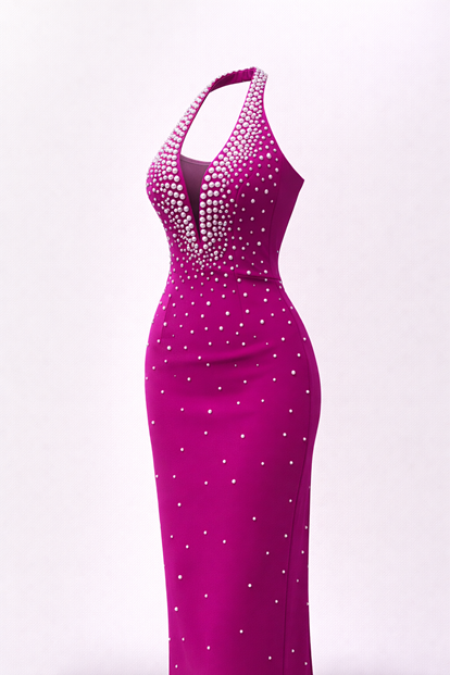 Fuşya Halter Yaka İnci Detay Abiye Elbise